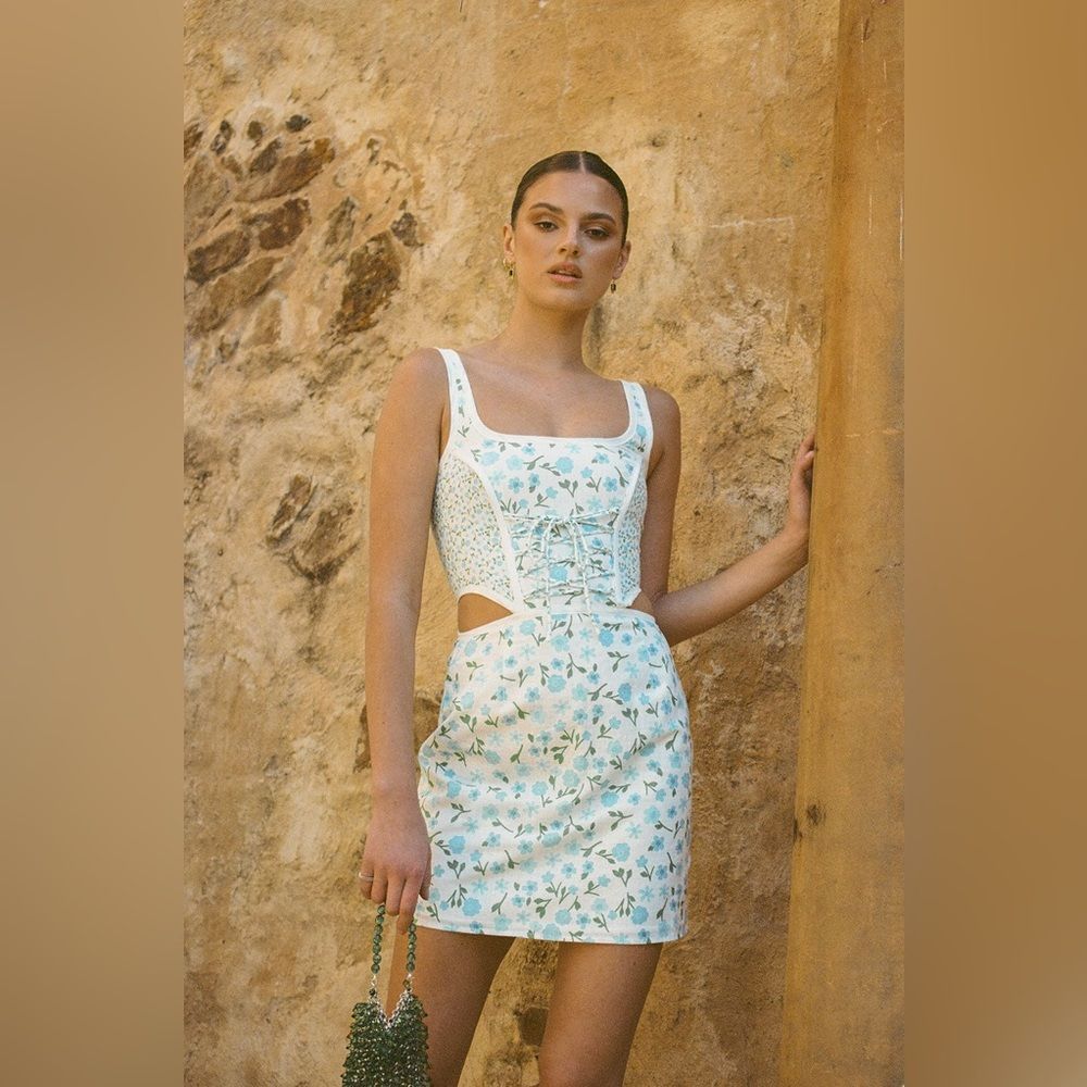 Sabo Kelissa Dress Mini Blue Vintage Floral Corset Cotton Square Neck Lined L